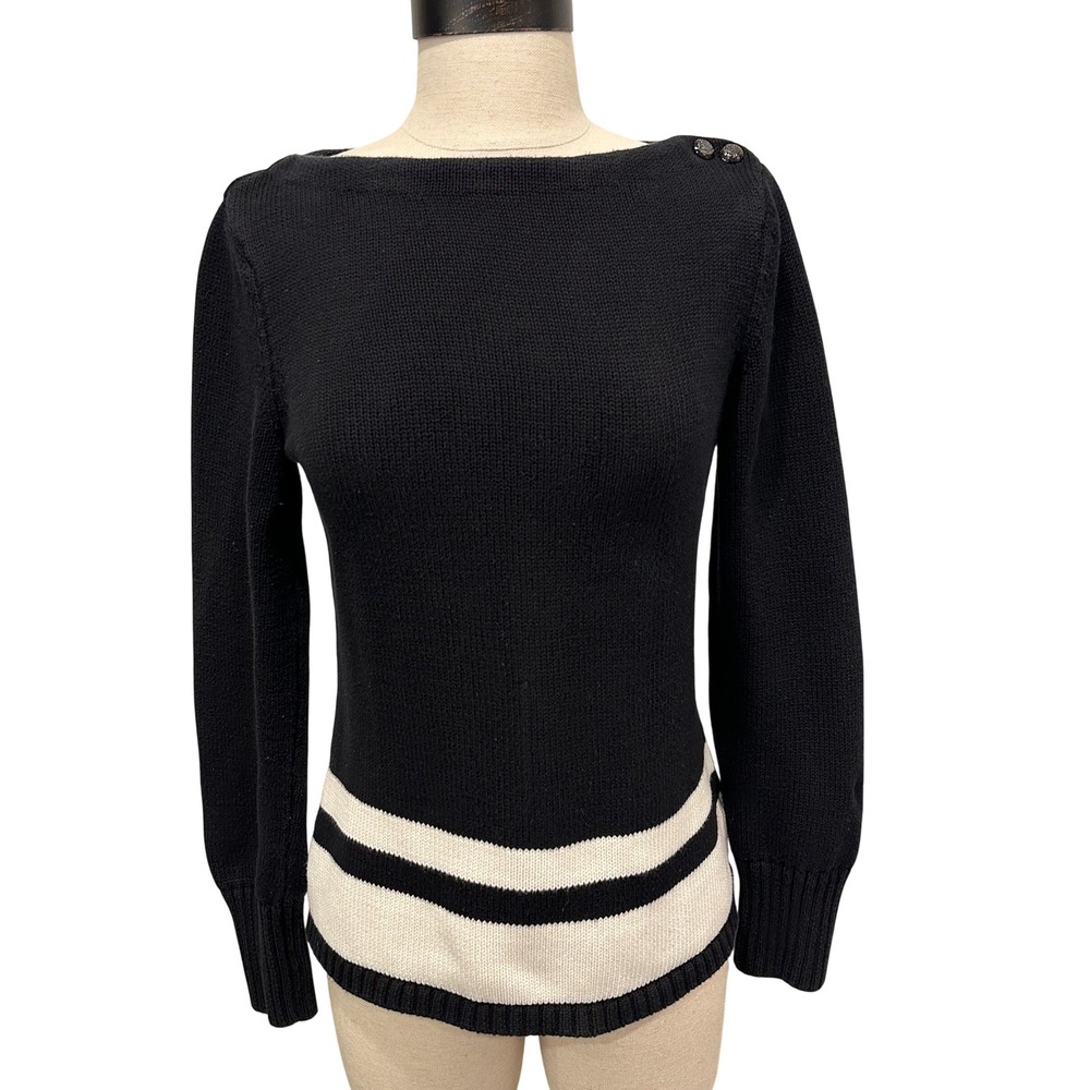 Lauren Ralph Lauren Womens Black Cotton Boat Neck Button Shoulder Sweater Medium